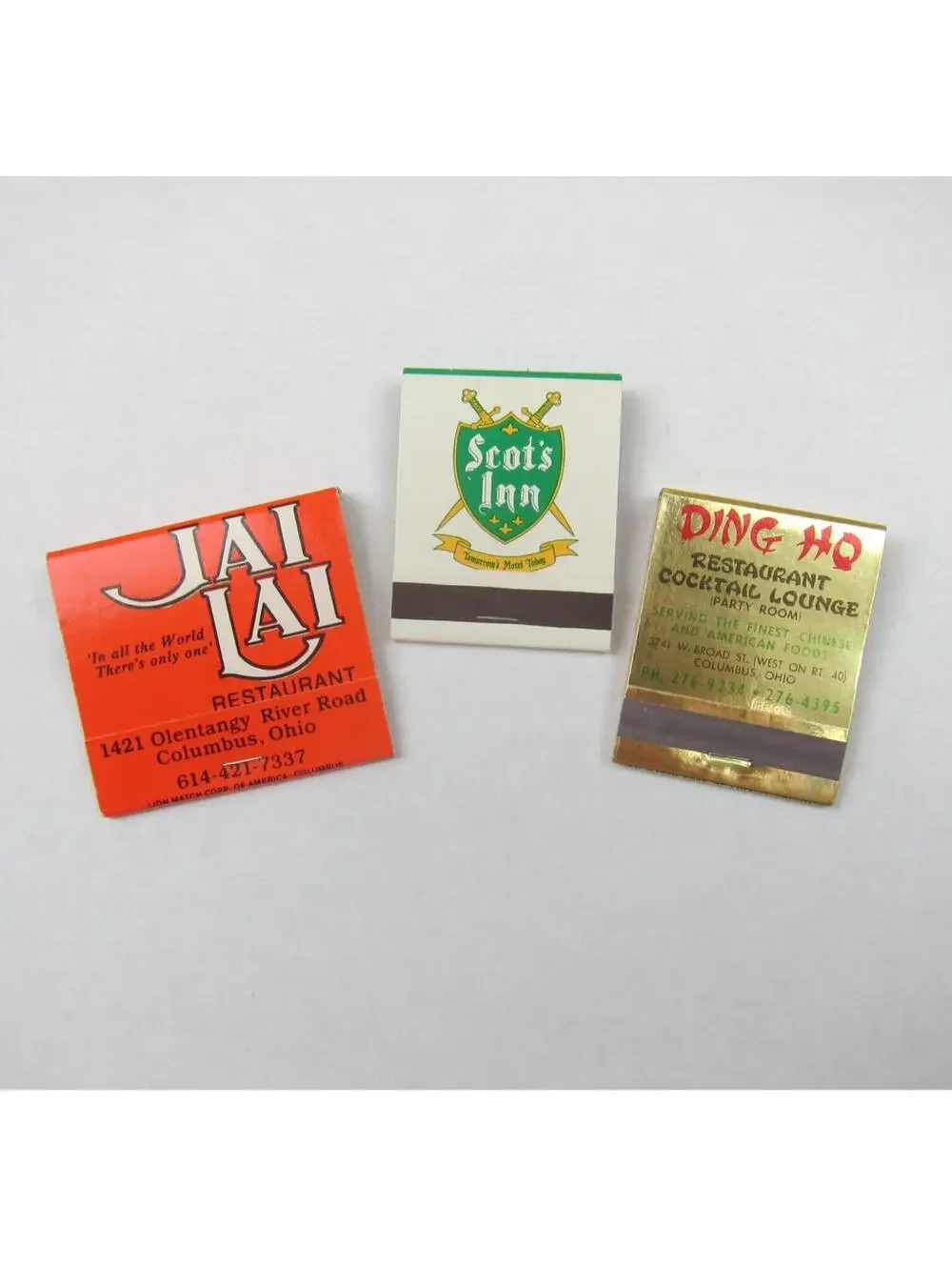 3 Vintage Matchbooks Jai Lai Ding Ho Columbus Ohio Restaurants & Scot's Inn Ohio